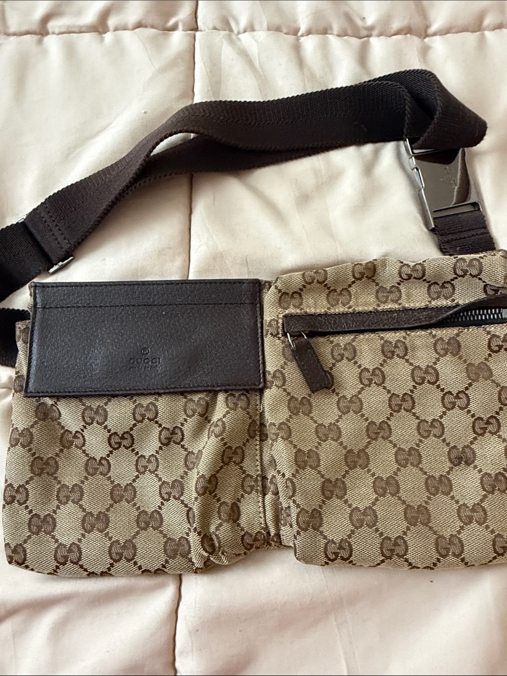 Gucci Beige/Brown GG Canvas Belt Bag with Dark Brown Strap